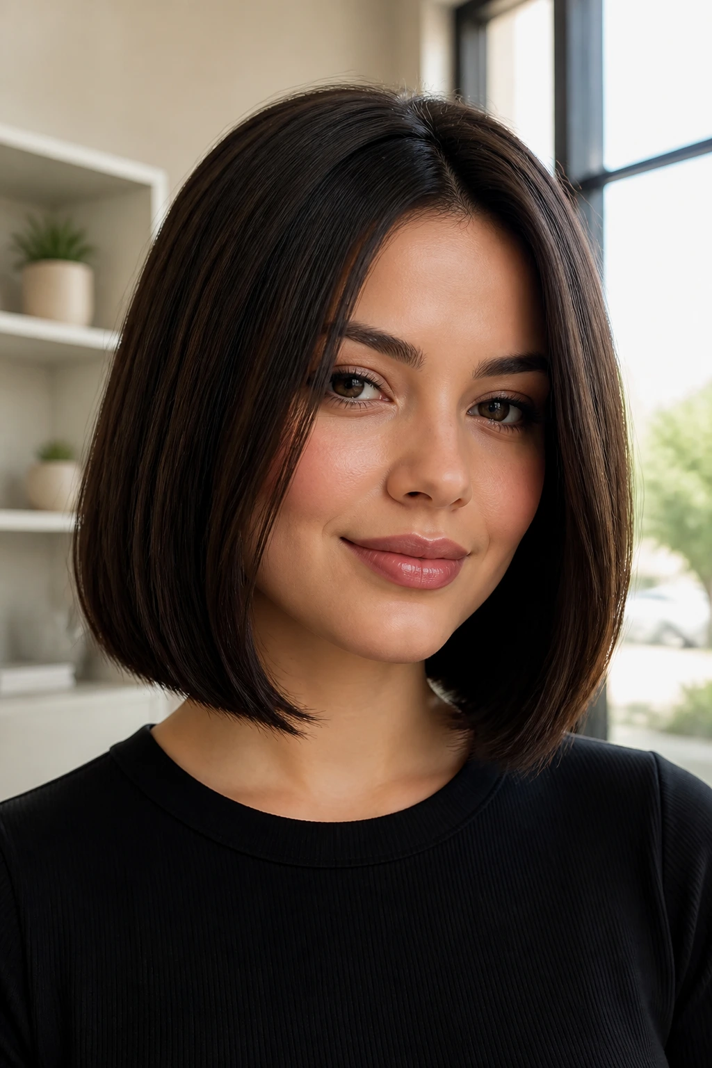Close-up of a real woman with a crisp straight lob line