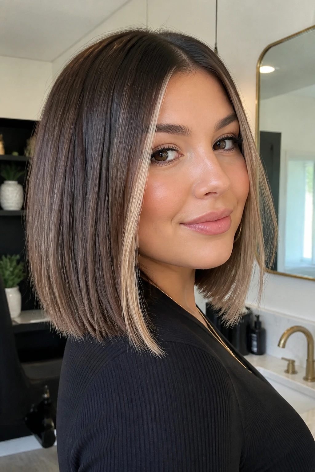 Portrait of a real woman with straight lob and money piece highlight