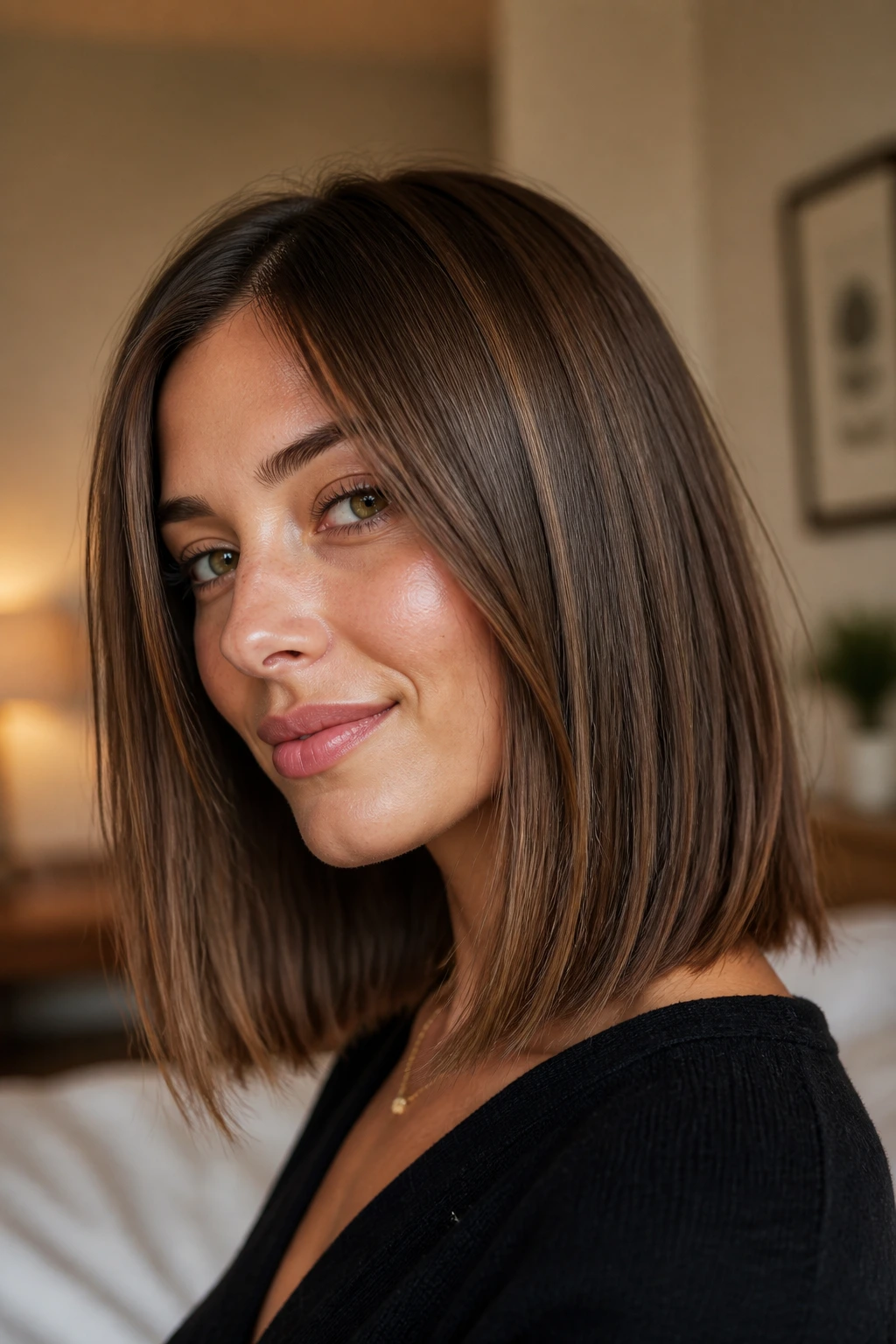 Portrait of a person with straight shoulder-length lob showing crisp perimeter.