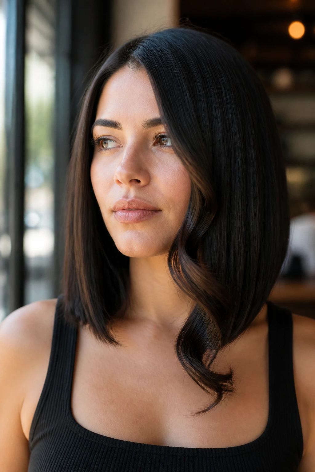 Real woman with a minimalist straight lob and a single oversized curl over the shoulder.