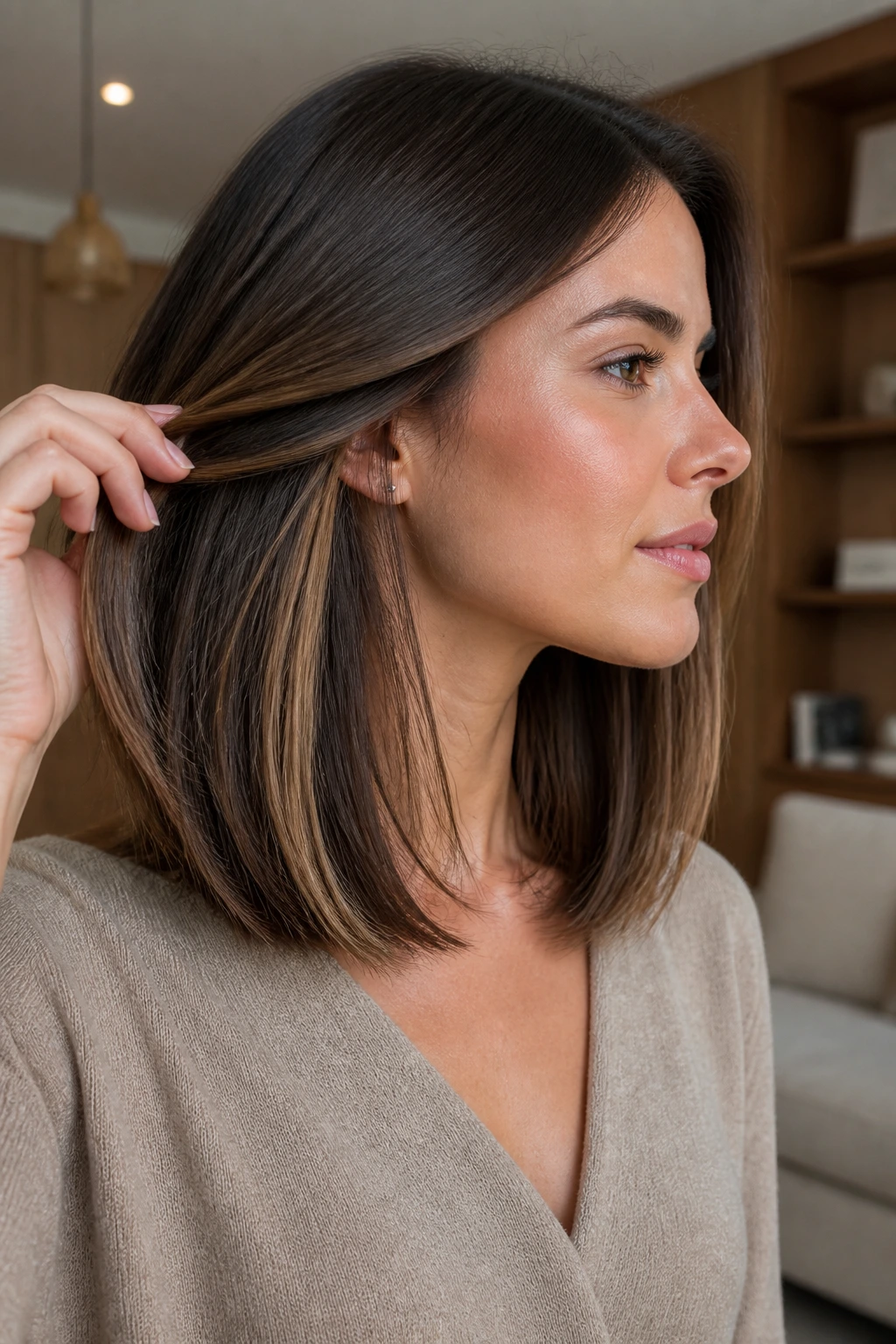 Close-up portrait of a real woman showing straight lob with underlayer dimension and caramel highlights