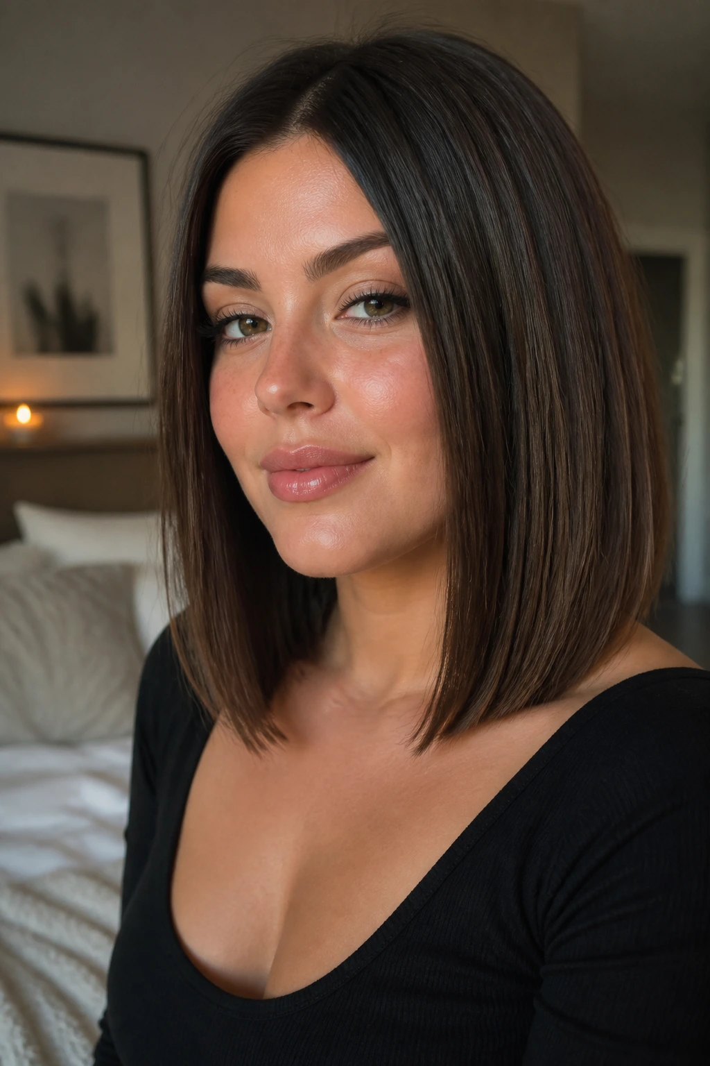 Close-up of a real woman with a straight lob at the collarbone, thick hair on a round face, soft window light