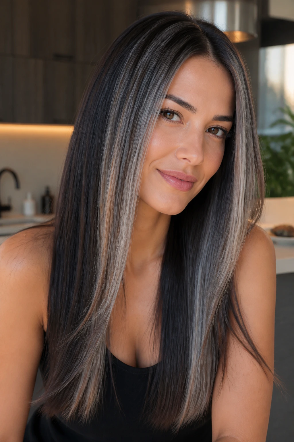 Close-up portrait of a real person with straight long hair and glossy grey panels