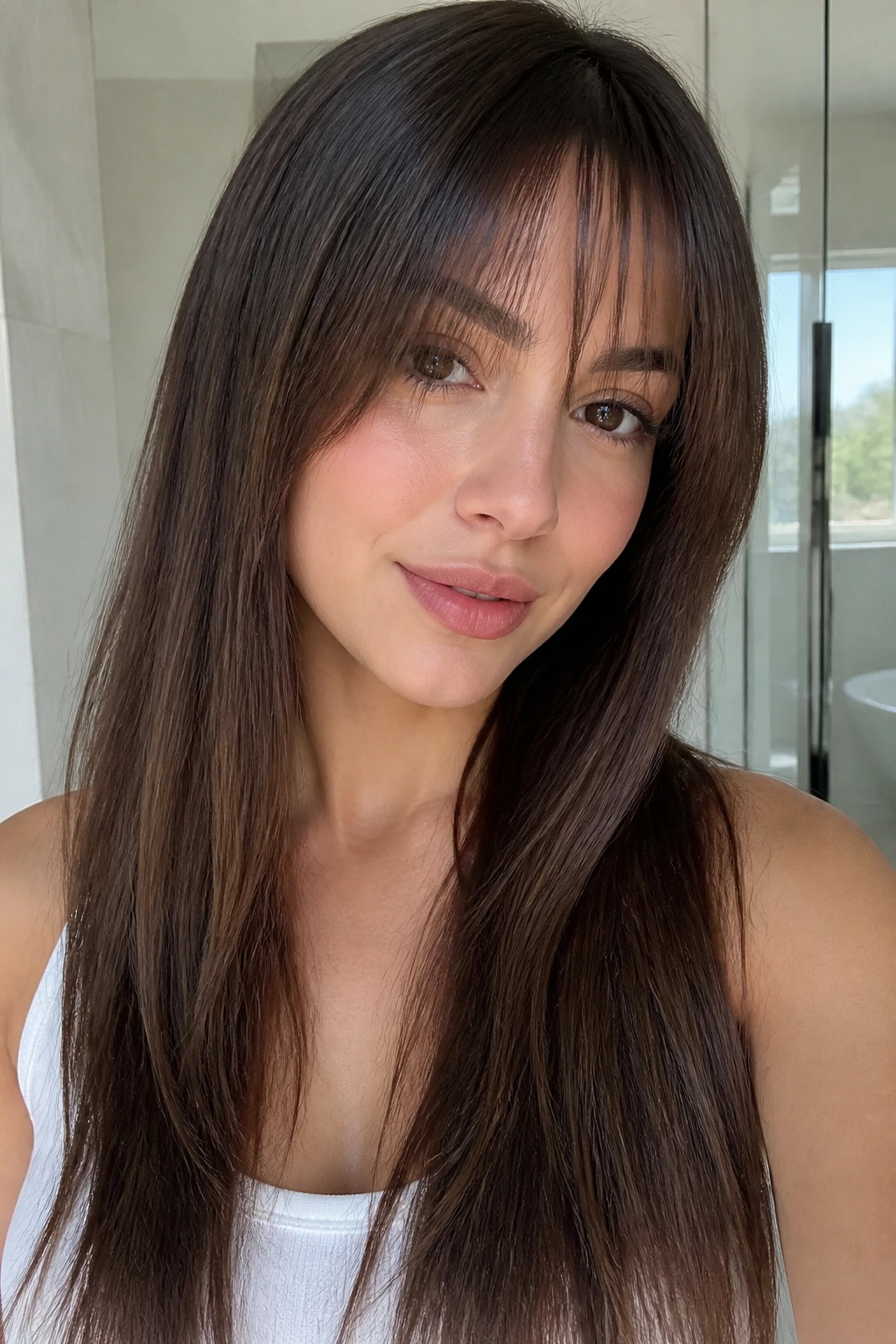 Close-up of a real woman with straight long hair and thinned-out bangs