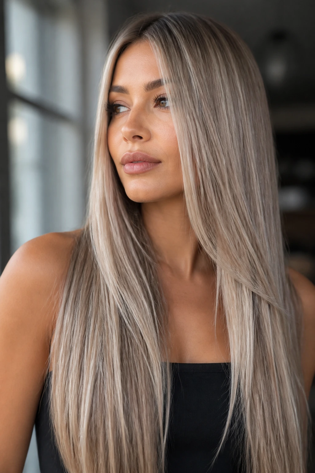 Close-up of a woman with straight long icy blonde hair and hazy lowlights by a window