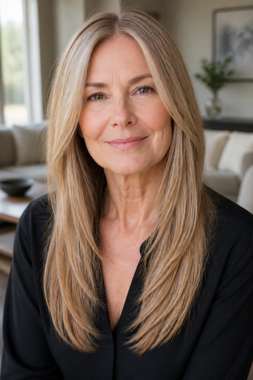 Close-up of real woman with straight long layers for fine hair in bright daylight