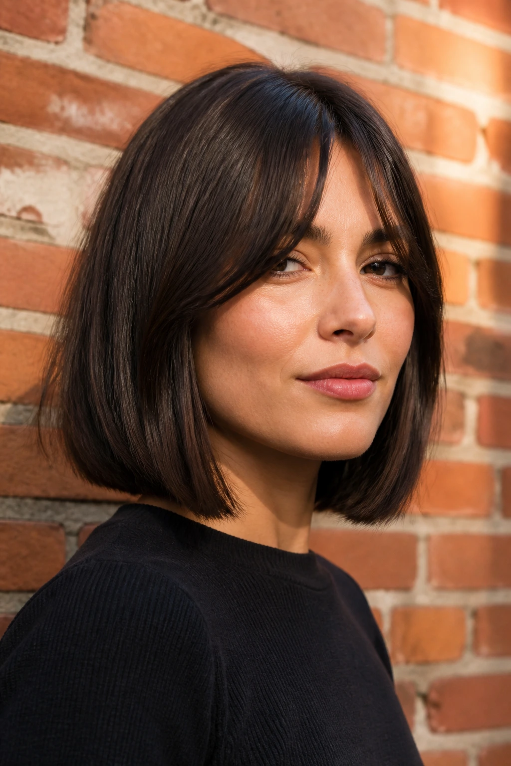 Real woman with crisp straight medium bob and curtain bangs against brick wall