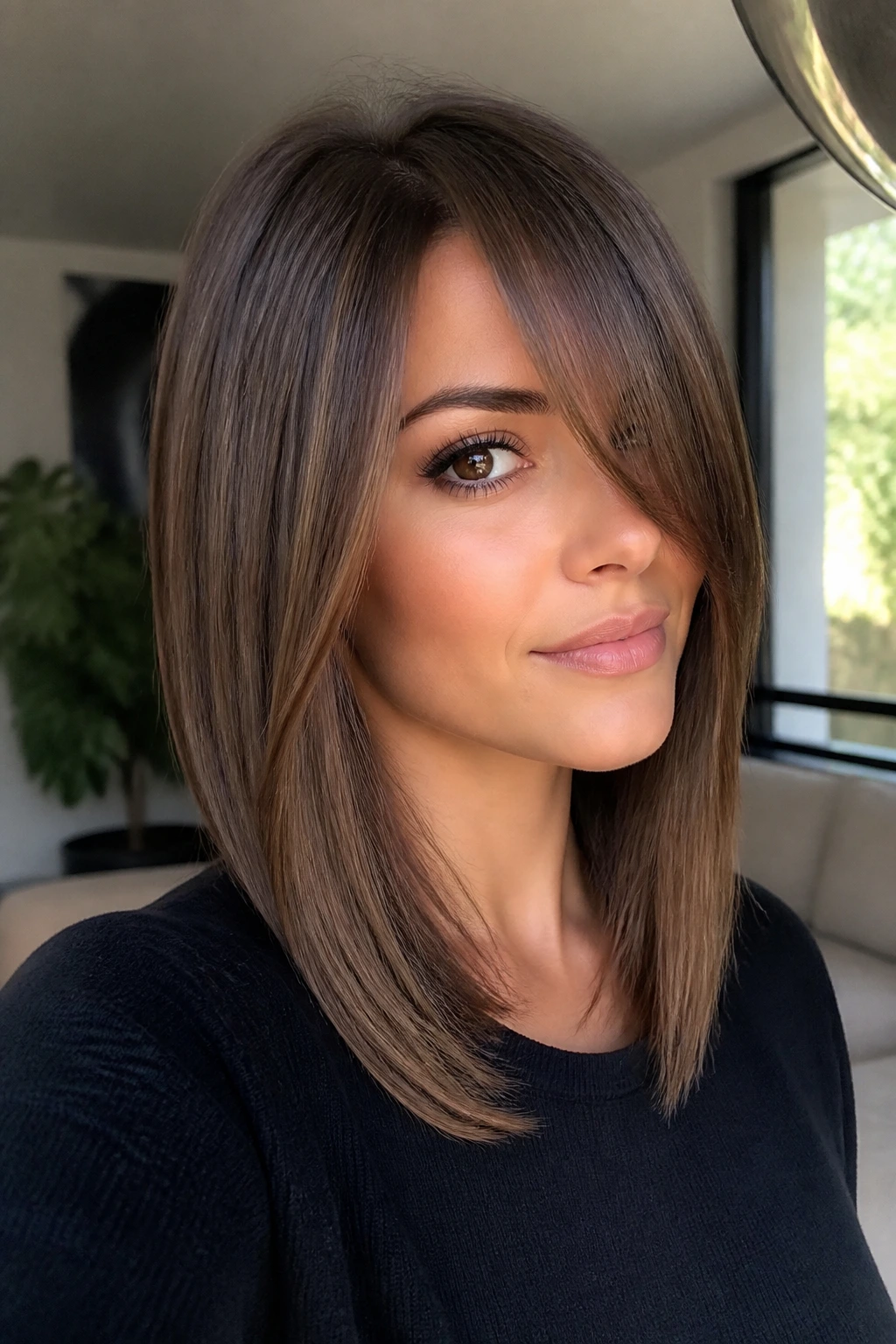 Close-up portrait of a real person with straight midi and side fringe indoors