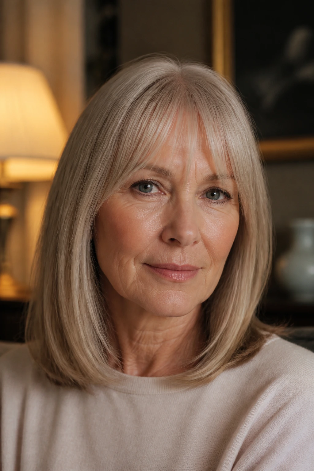 Close-up portrait of a real woman with straight midi cut and see-through bangs, calm lighting.