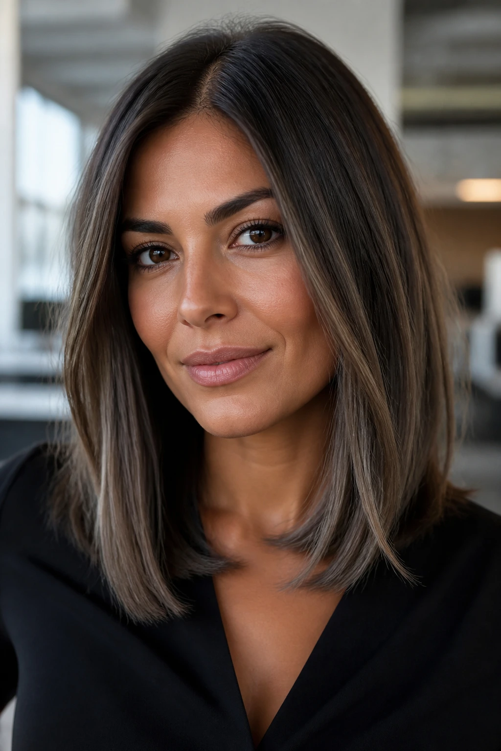 Close-up of straight mid-length hair with taupe veils