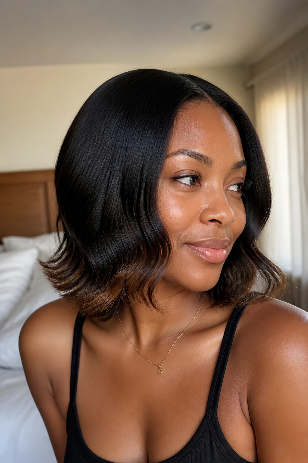 Close-up portrait of a real woman with Straight-Root, Wavy-Ends Bob showing straight roots and soft waves