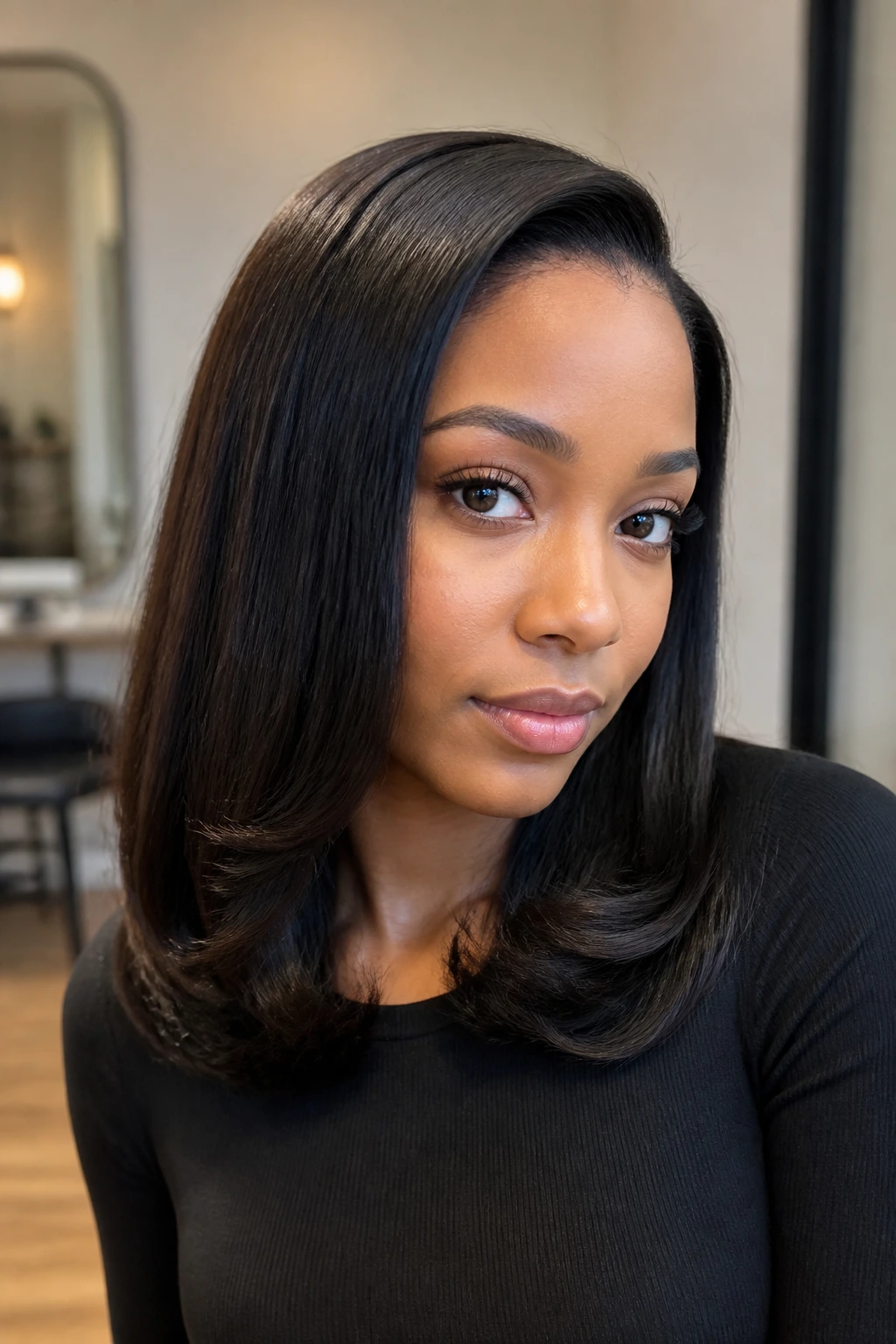 Close-up of a real woman with straight sew-in and curled-under ends