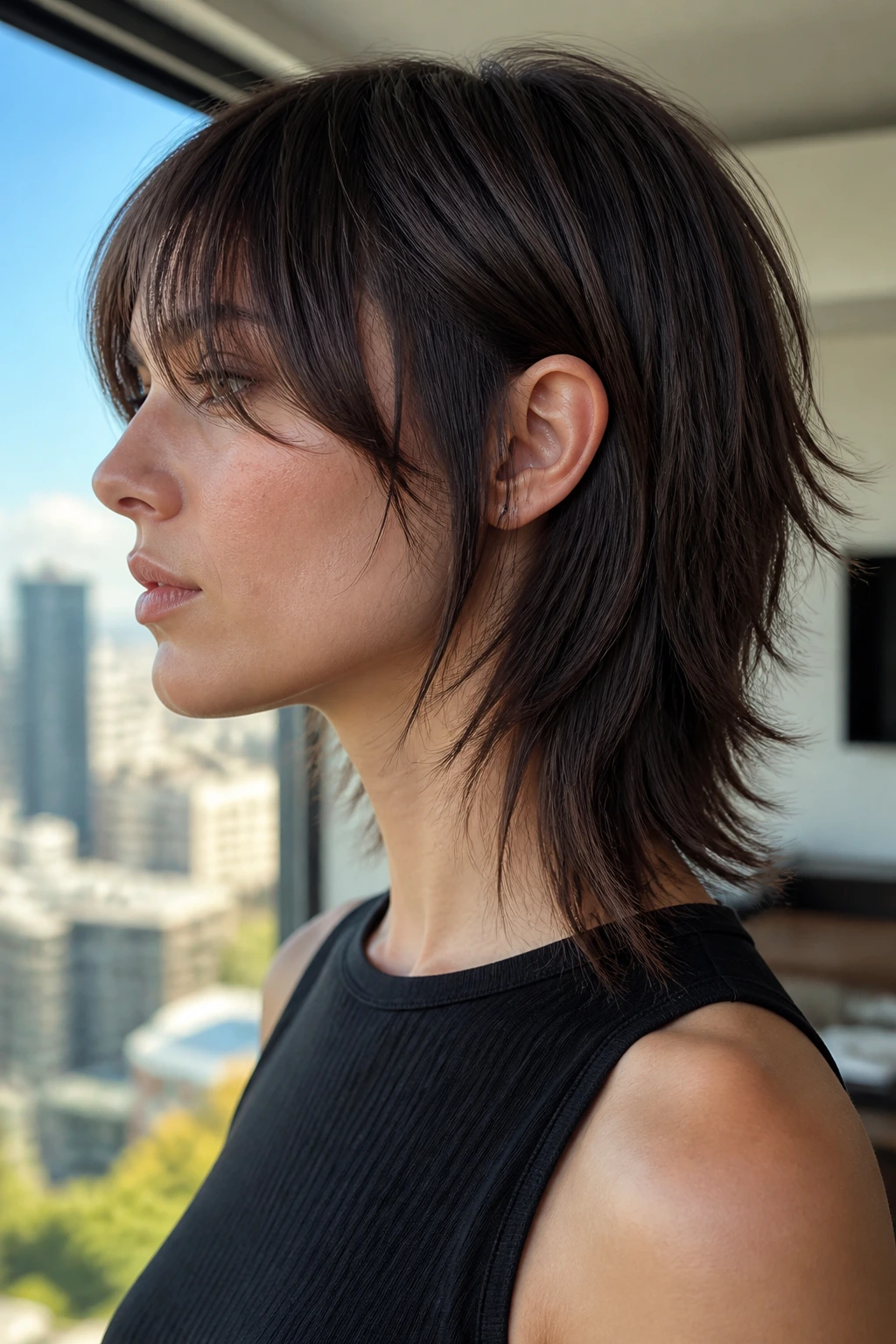 Portrait of a real person with straight-hair shag featuring razor movement and ends.