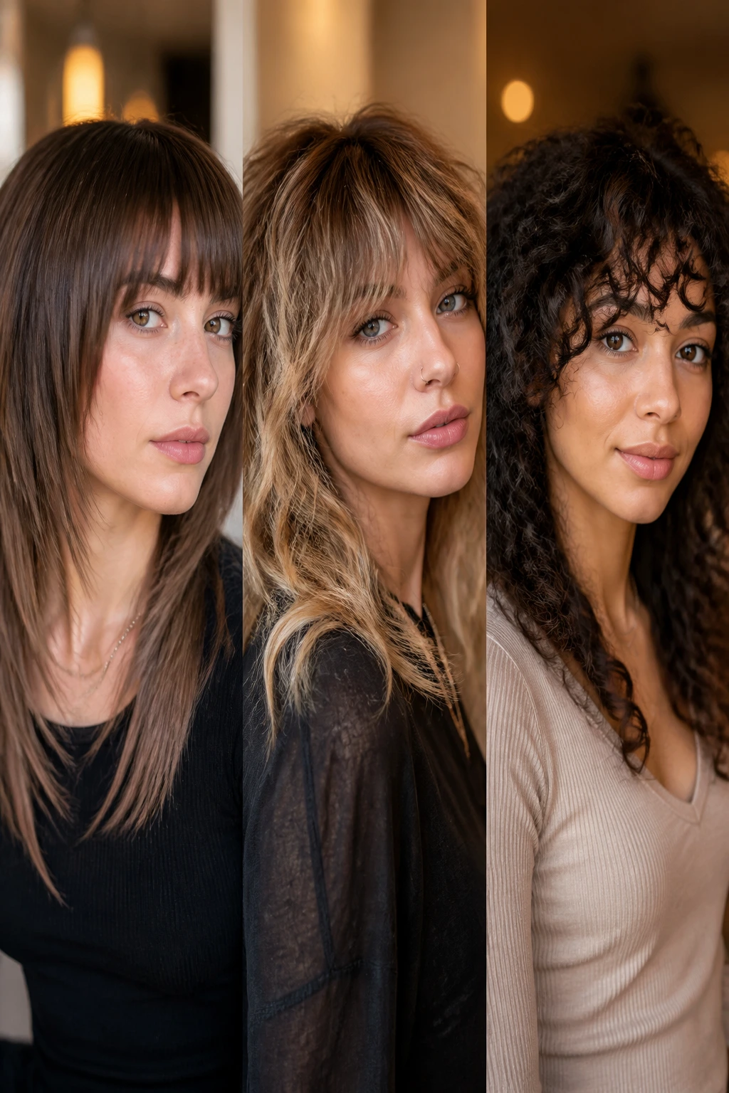 Three people portrait showing straight, wavy, and curly shag textures.