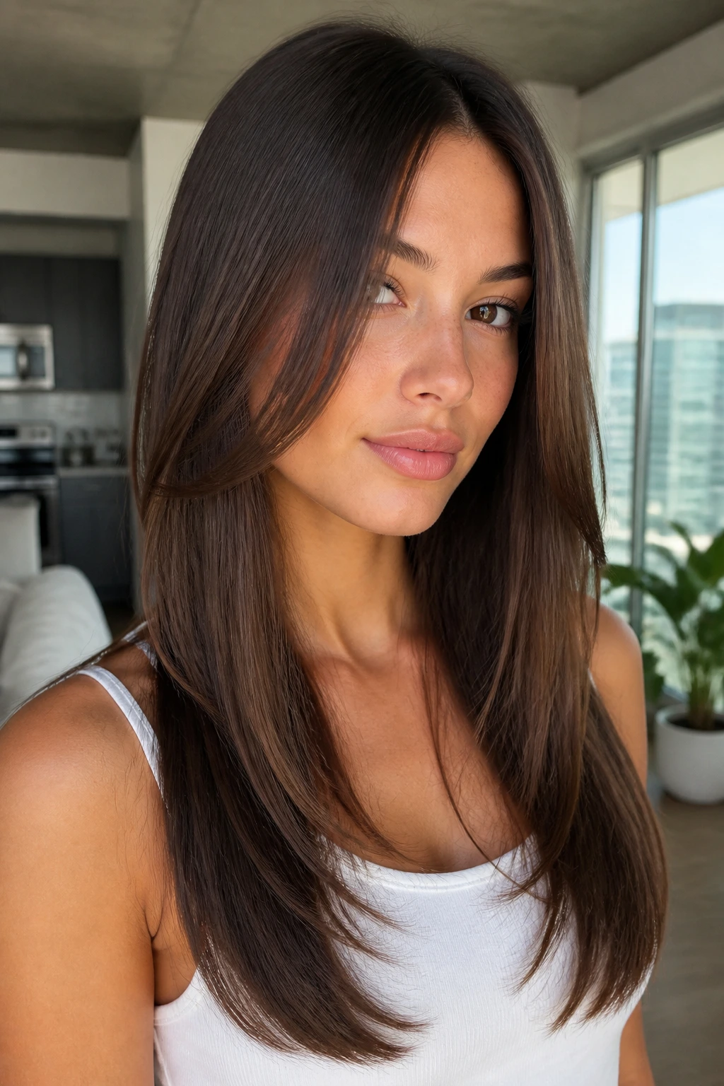 Medium close-up of straight and sleek 90s face-framing layers