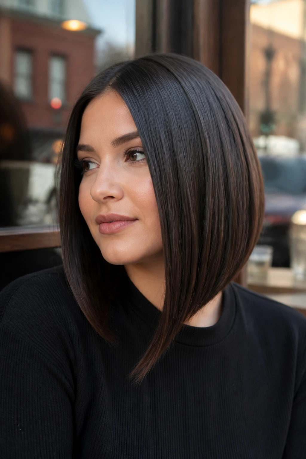 Real woman with straight sleek A-line lob in daylight
