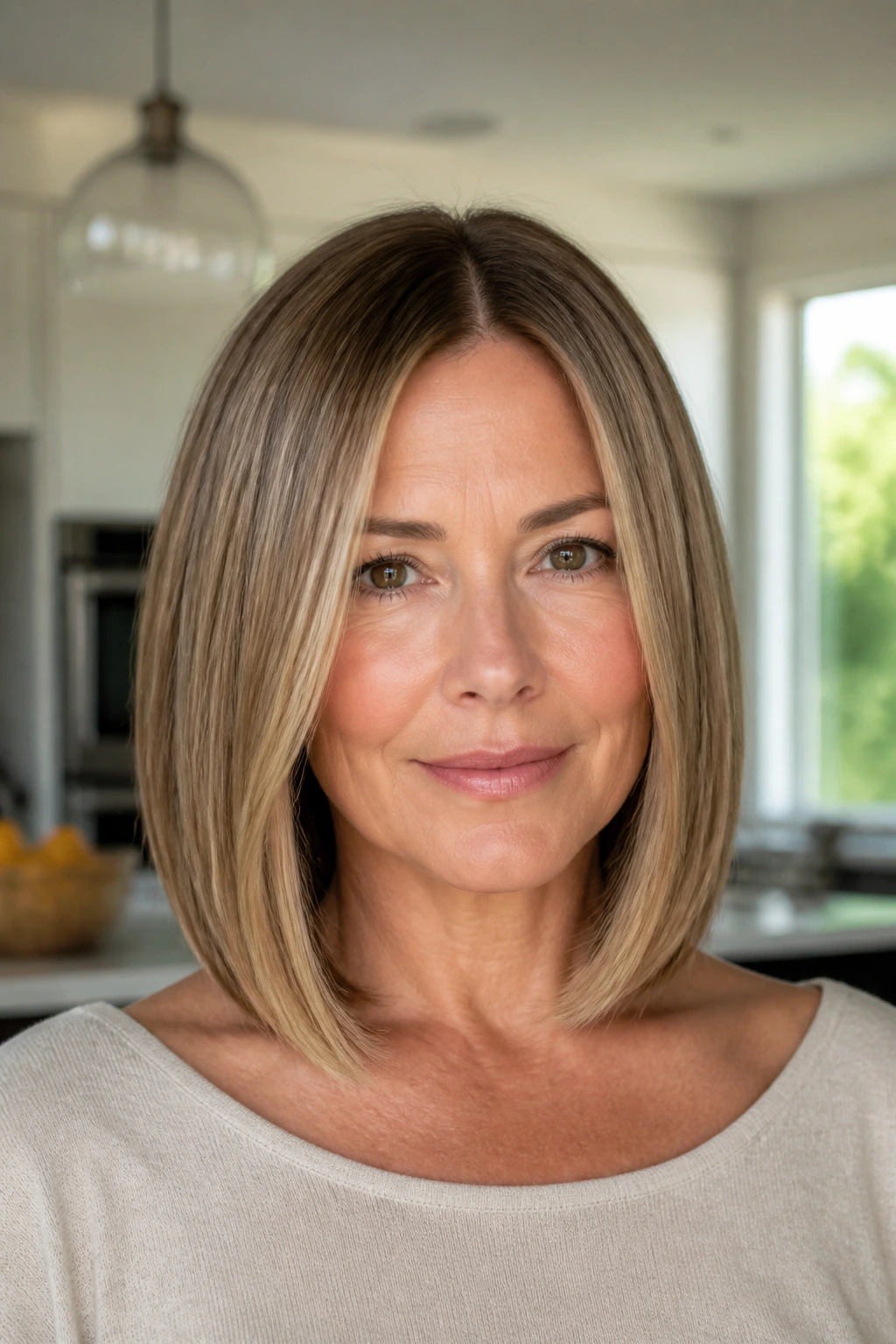 Real woman with straight sleek bob and biscotti babylights in natural light