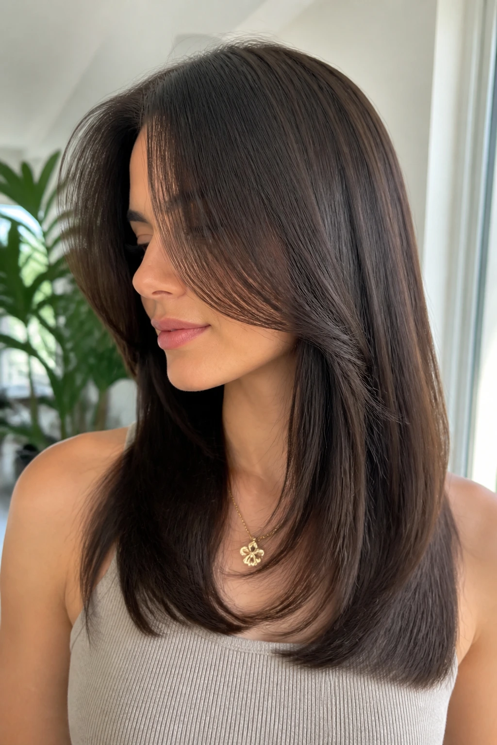 Close-up portrait of a woman with a Straight-Sleek Butterfly with Underlayers, smooth top layers and lifted underlayers.