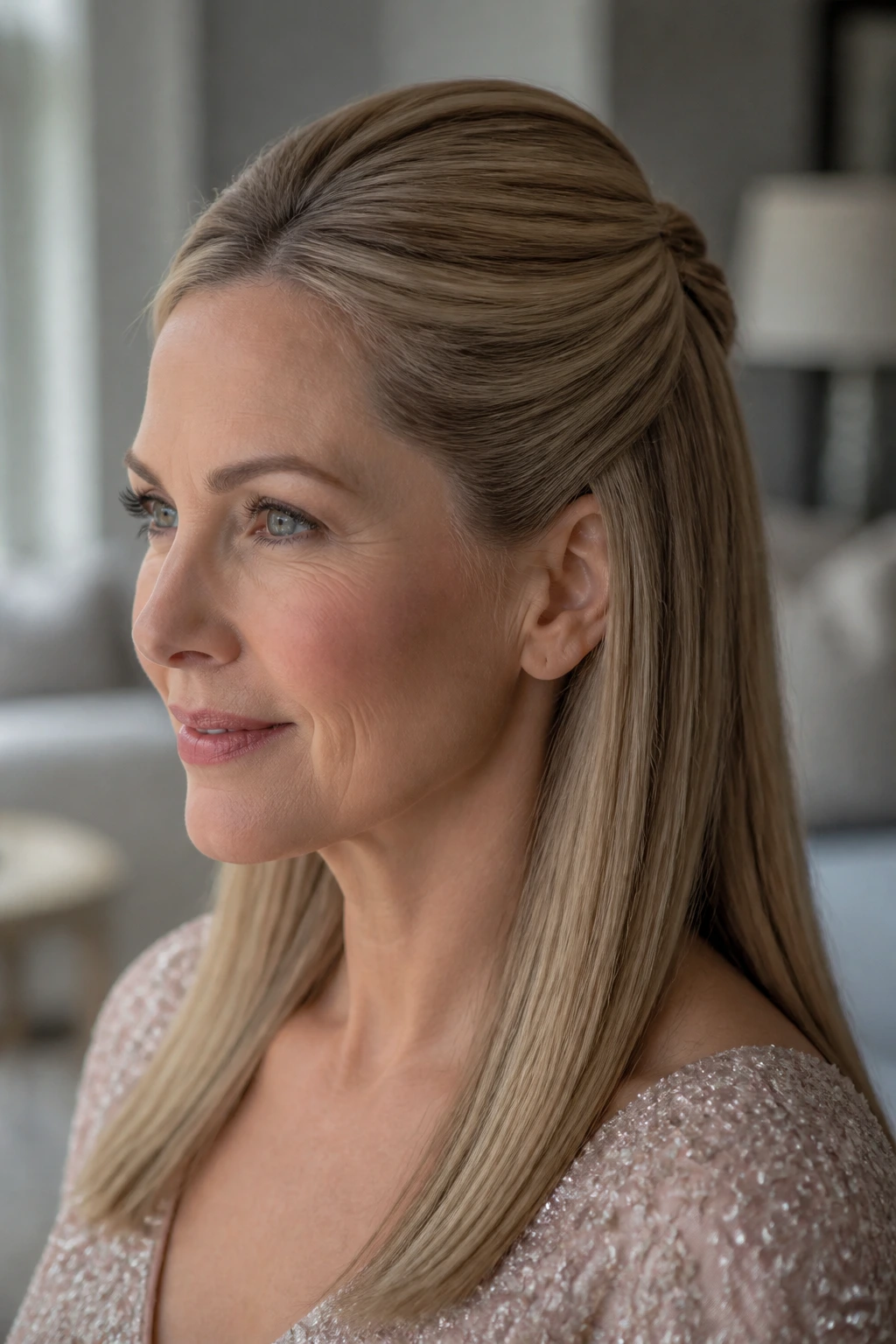 Close-up of a woman with a straight sleek half-up hairstyle and glossy finish