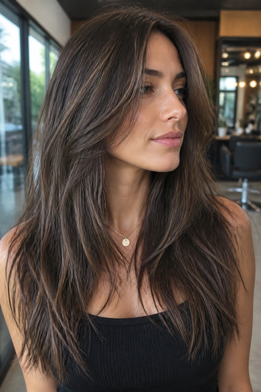 Real woman with straight-textured shag and smoky brunette lowlights in urban salon lighting