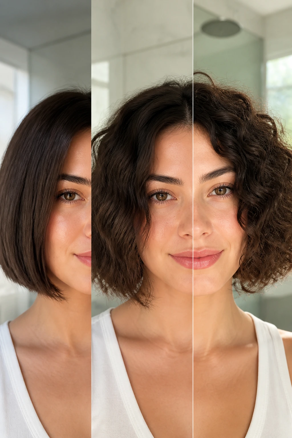 Portrait of a person with a versatile bob showing straight, wavy, and curly textures.