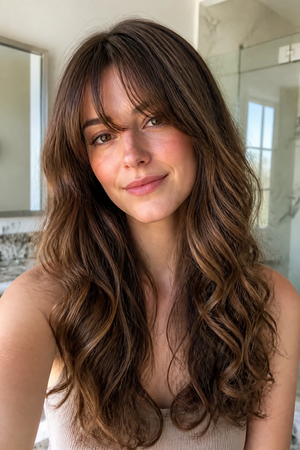 Portrait of a real woman with straight, wavy, and curly textures in long layers and bangs.