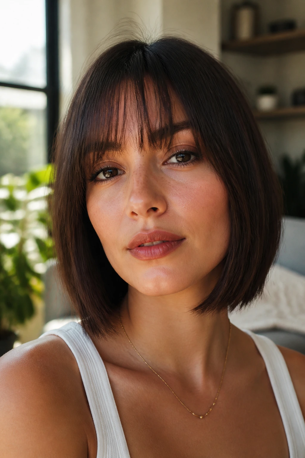 Portrait of a real person with straight hair wearing a versatile bob