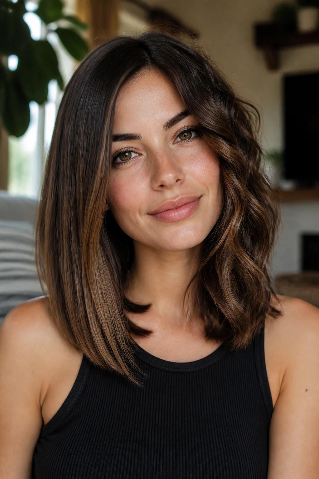 Real person with shoulder-length layered hair showing texture variations (straight, wavy, curly) in natural light