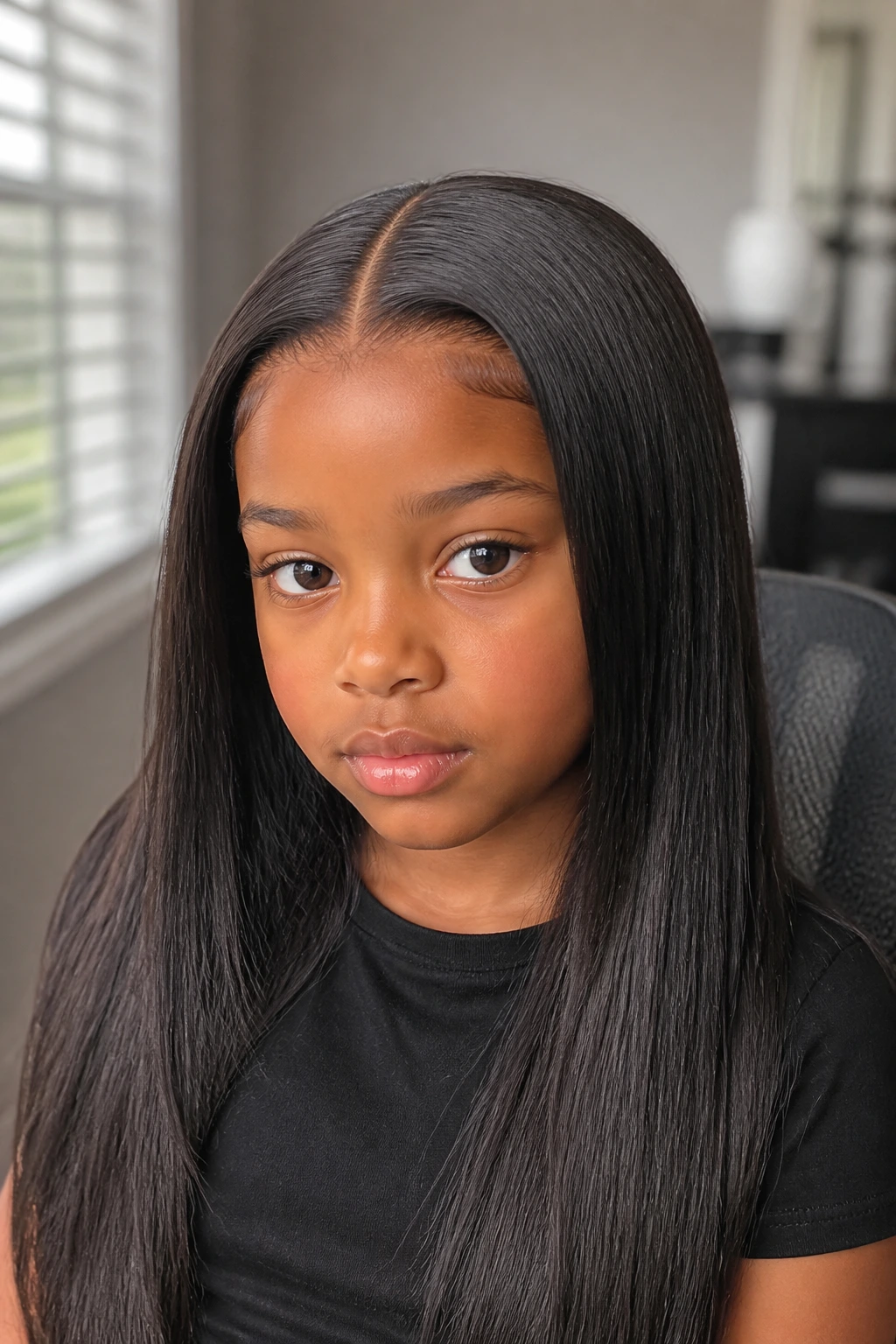 Portrait of a child with sleek middle-part straight weave