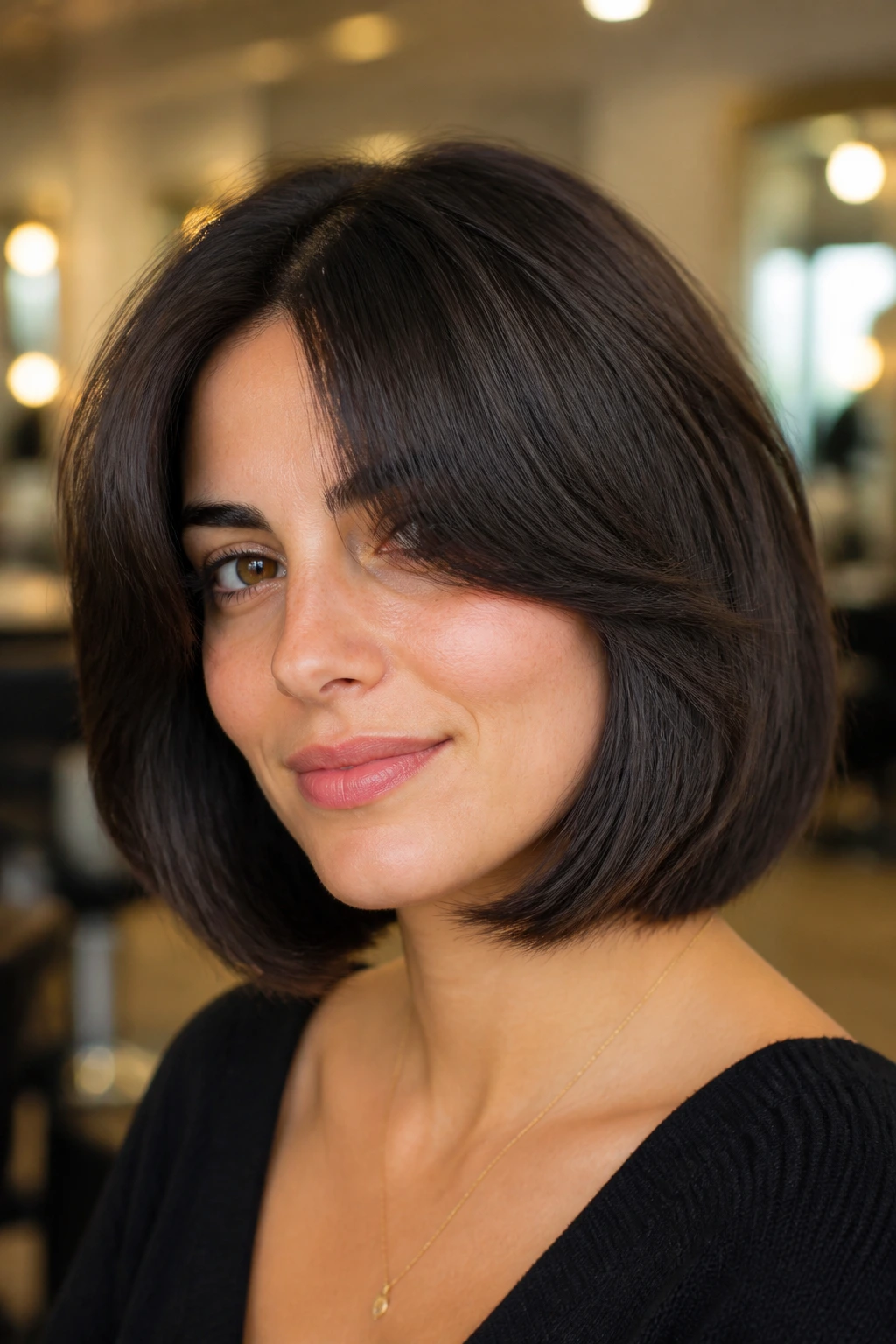 Close-up of a real woman with strategic debulking on thick hair