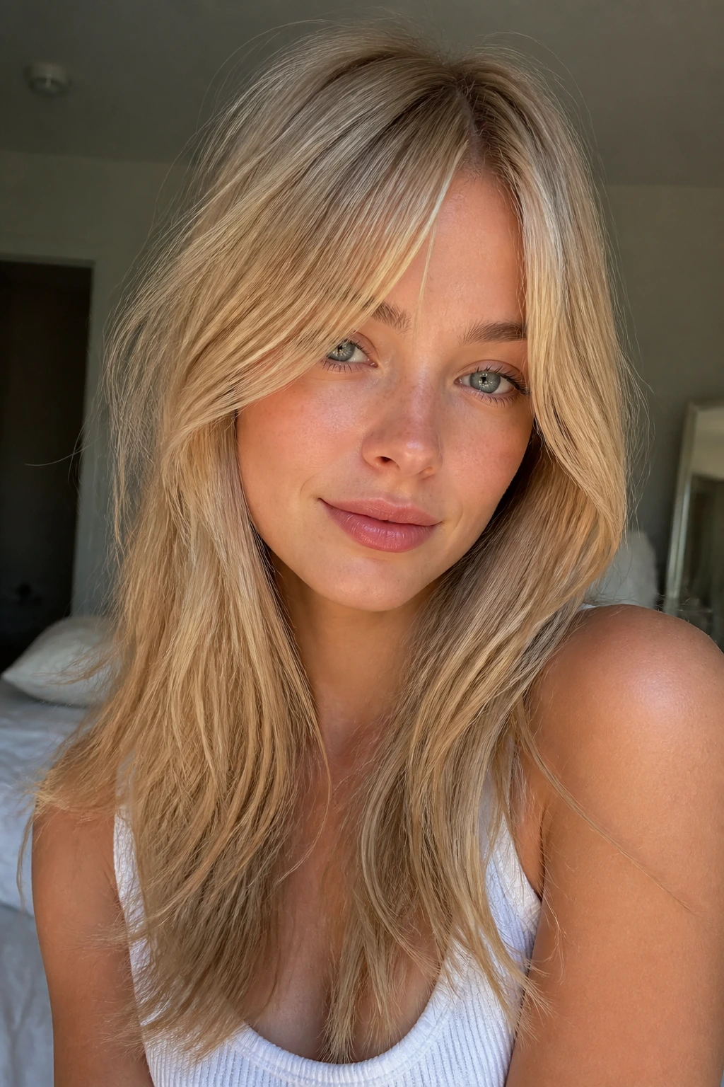 Close-up of a real woman with strawberry blonde straw shade and curtain bangs.