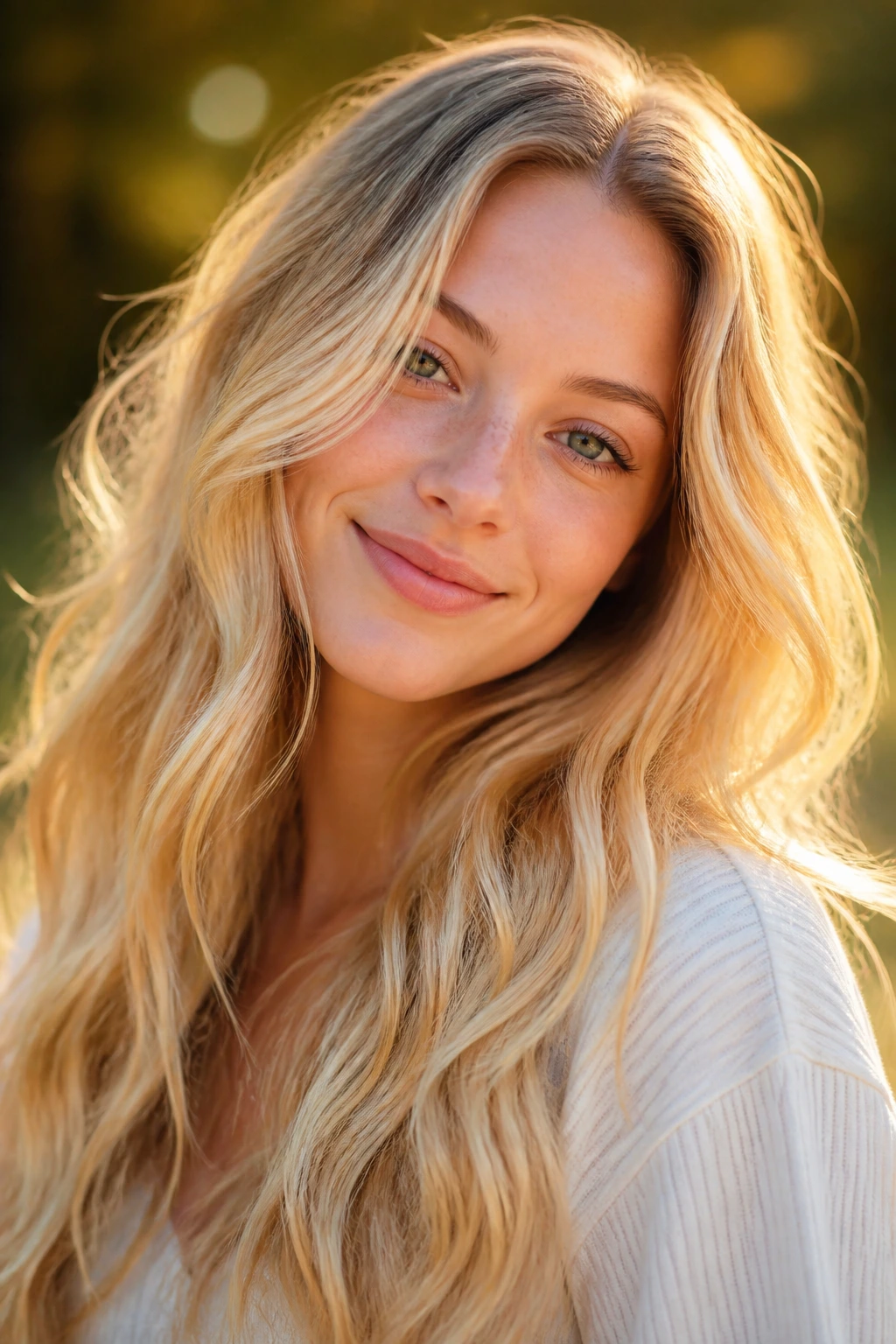 Close-up portrait of a real person with straw-gold waves in long hair, sun-kissed warmth.