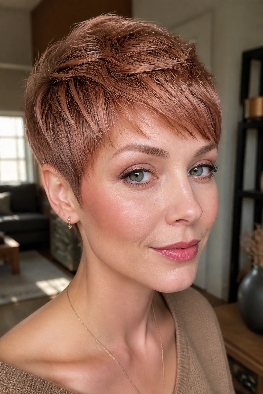 Real woman with strawberry ash pixie cut in a warm-lit room
