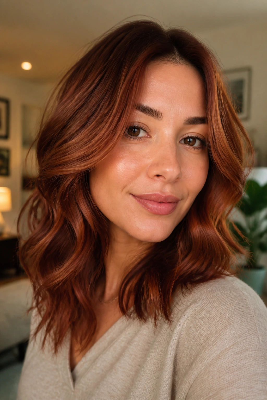 Close-up of a woman with strawberry auburn hair and chestnut lowlights.