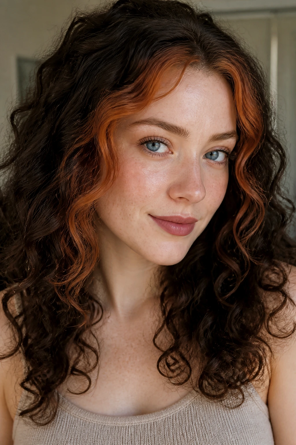 Face-framing strawberry auburn money pieces on a real person