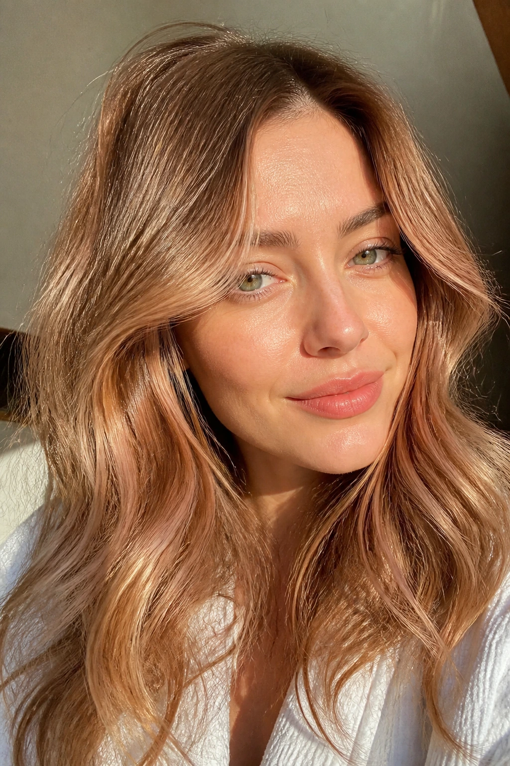 Close-up portrait of a real woman with strawberry beige glow highlights