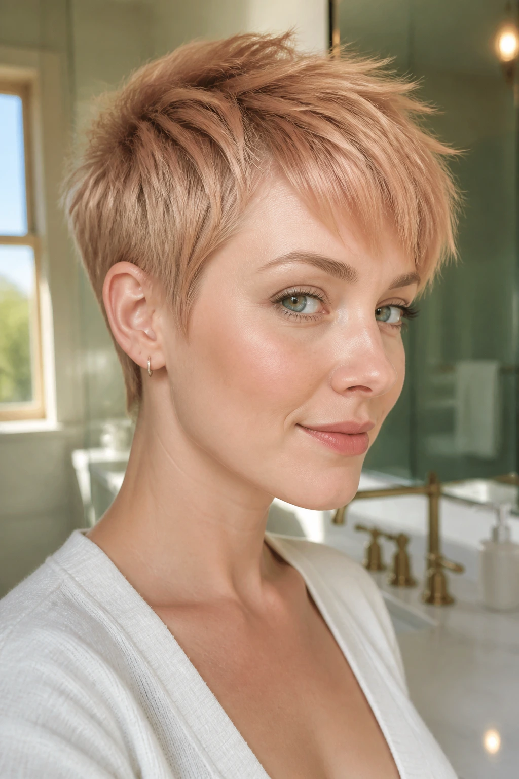 Close-up of a woman with strawberry glaze on a beige pixie cut under warm window light