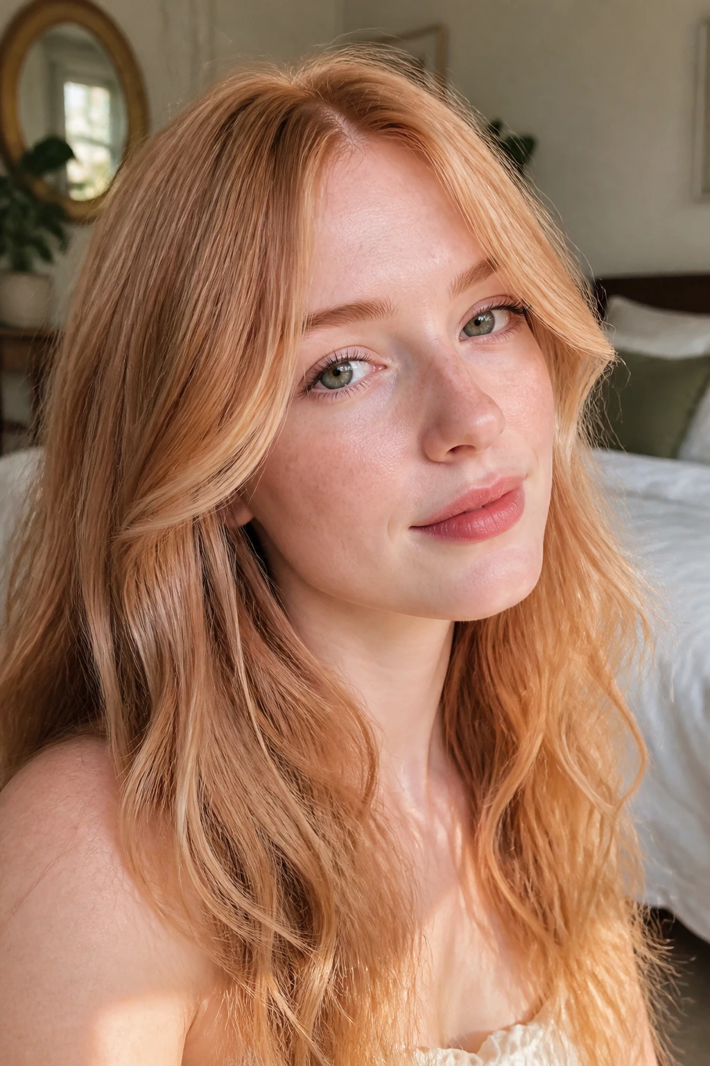 Close-up portrait of a real woman with fair skin and strawberry-blond hair in warm light