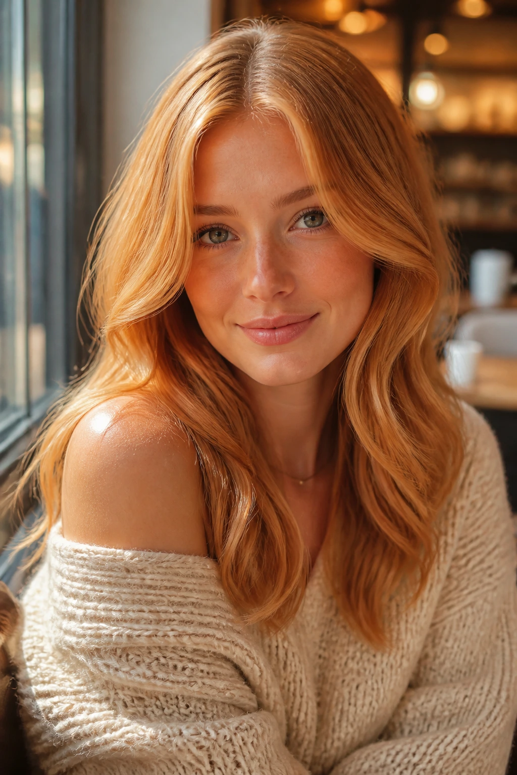 Close-up portrait of strawberry blond hair with loose waves and center part