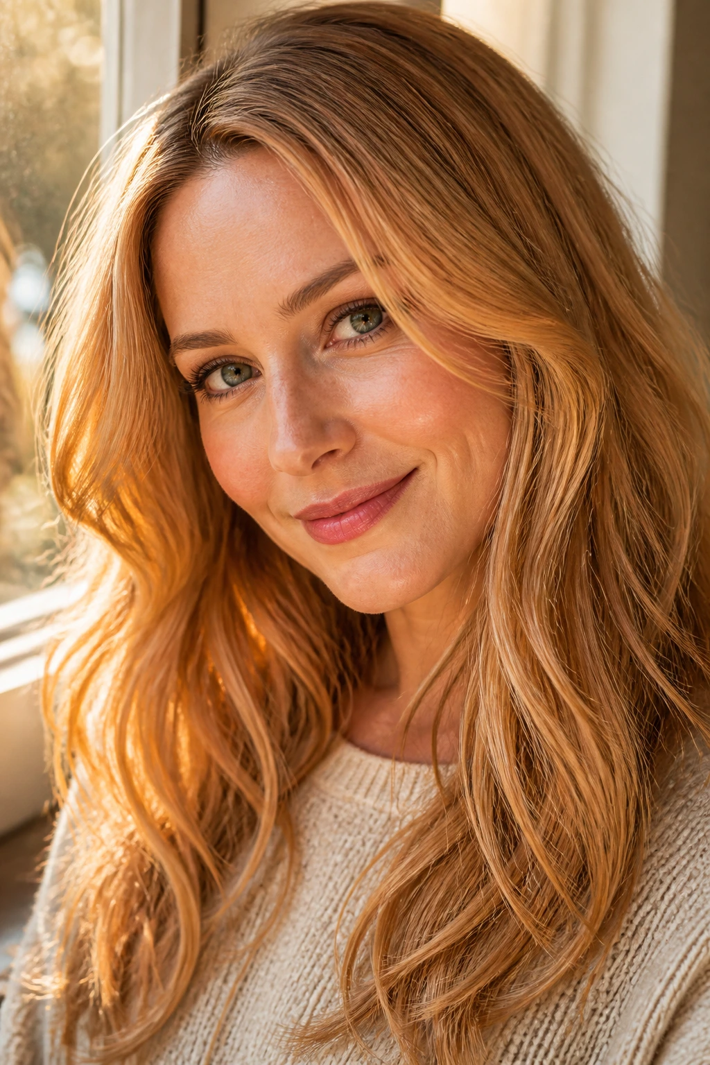 Close-up of real person with strawberry blonde hair in golden hour light