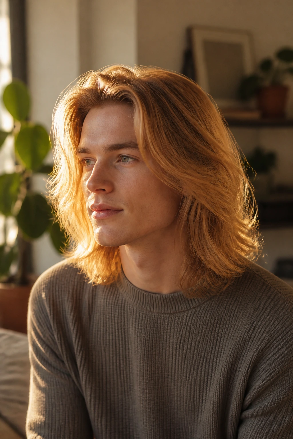 Shoulder-length strawberry blonde with face frame and lighter ends