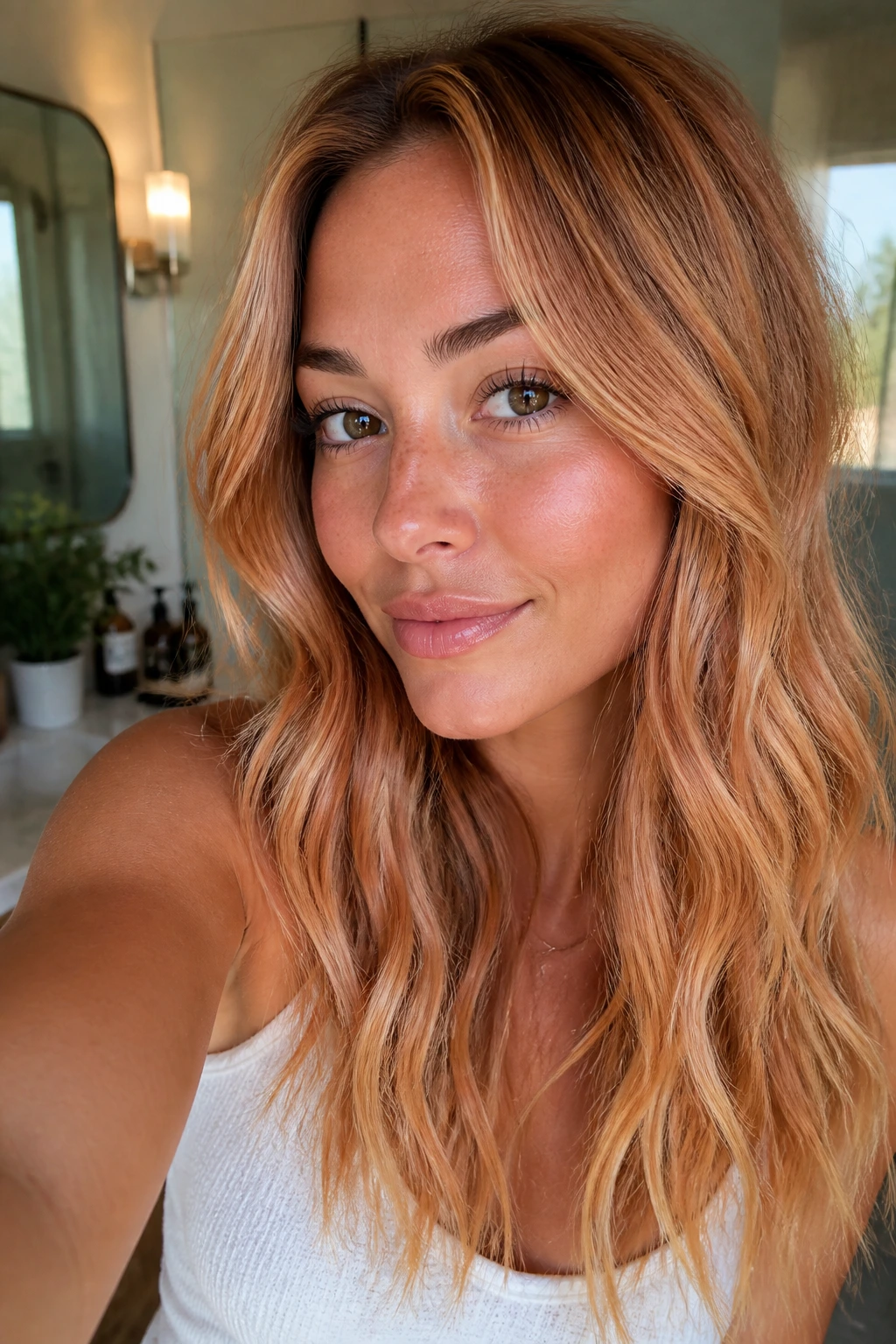 Close-up portrait of a real woman with strawberry blonde balayage styled in loose waves at a cozy home vanity