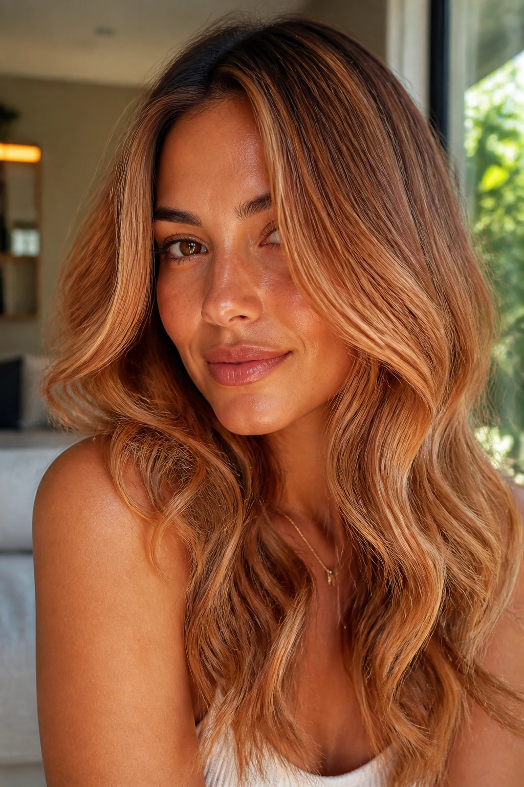 Close-up portrait of a real woman with strawberry blonde balayage on tan skin showing copper and gold ribbons
