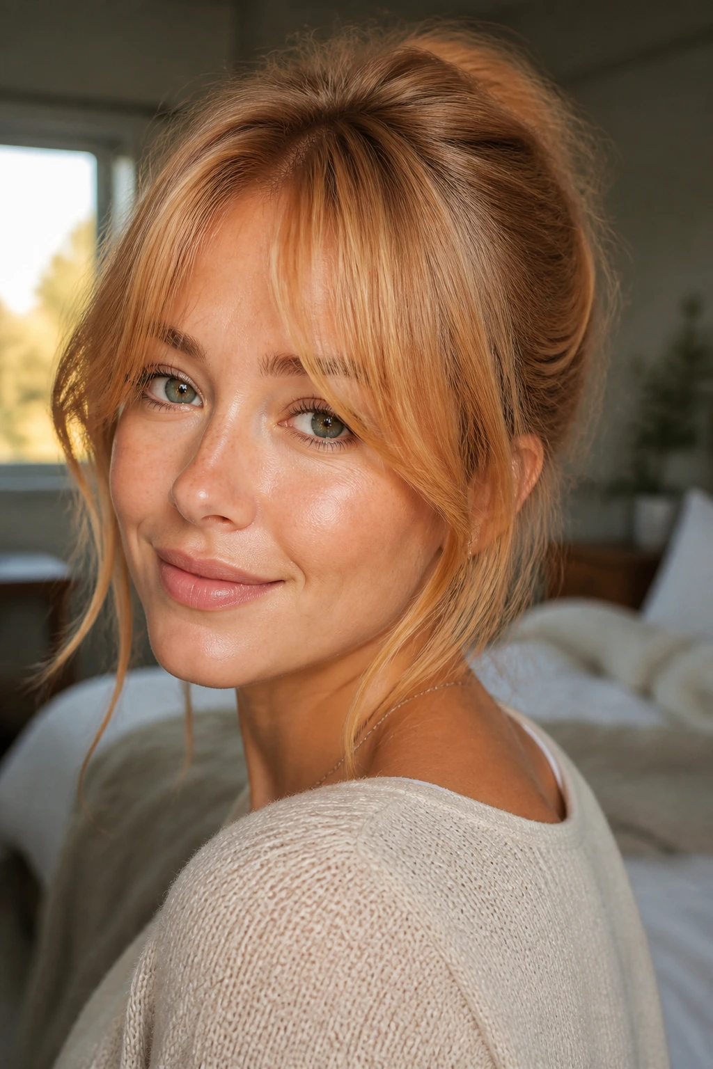 Close-up of a real woman with strawberry blonde curtain bangs, warm eye-framing fringe