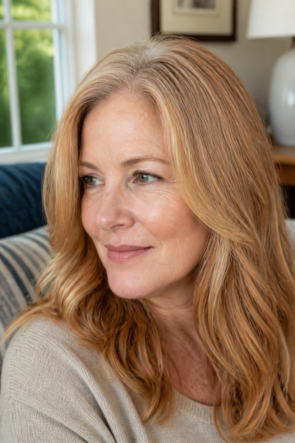 Real woman with strawberry blonde hair showing blended roots and soft highlights