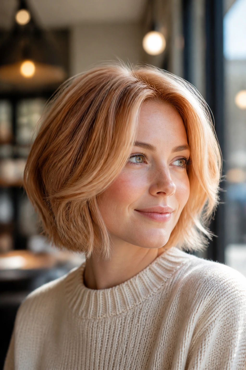 Close-up of a real woman with strawberry blonde bob, color bright at the front and top.