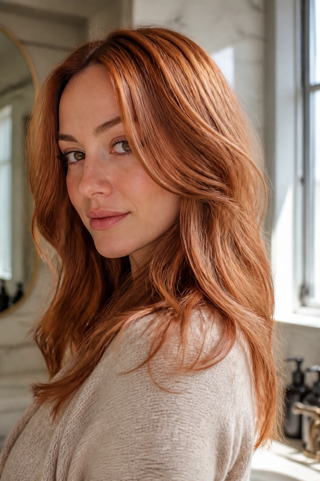 Close-up of a real brunette woman showing fresh strawberry blonde hair in window light.