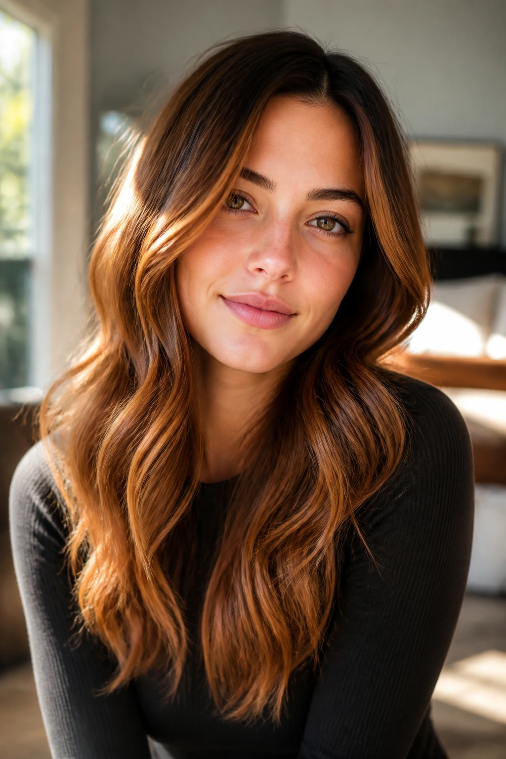 Brunette with strawberry blonde highlights around the face in natural light.