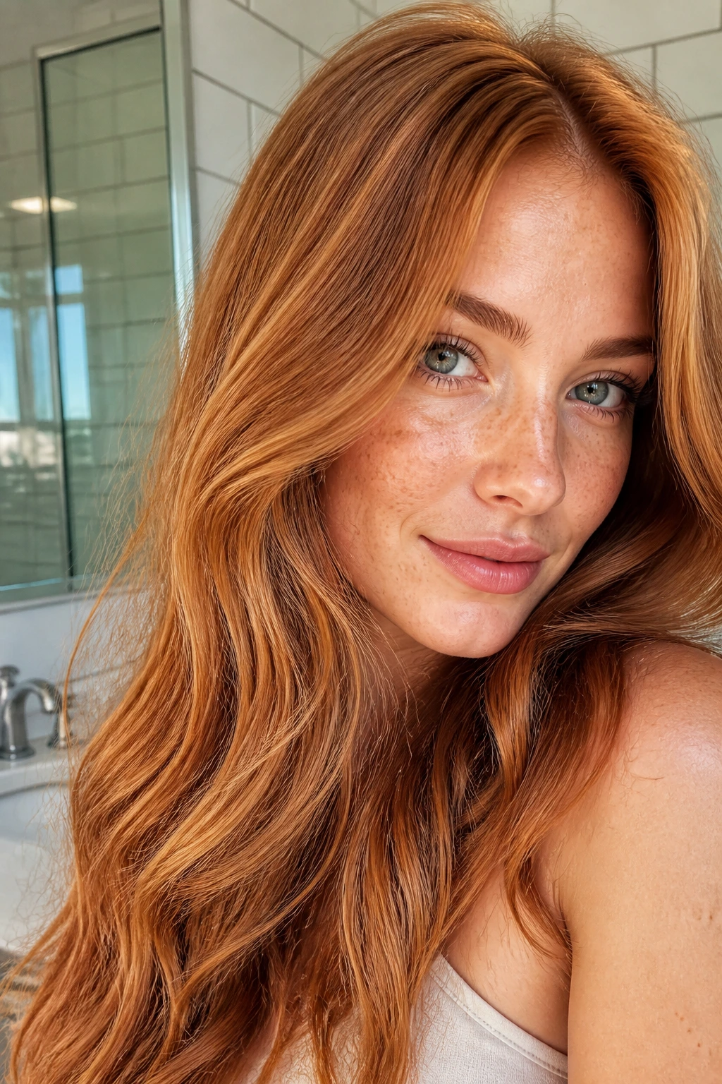Close-up portrait of a woman with glossy strawberry blonde hair in a bathroom.