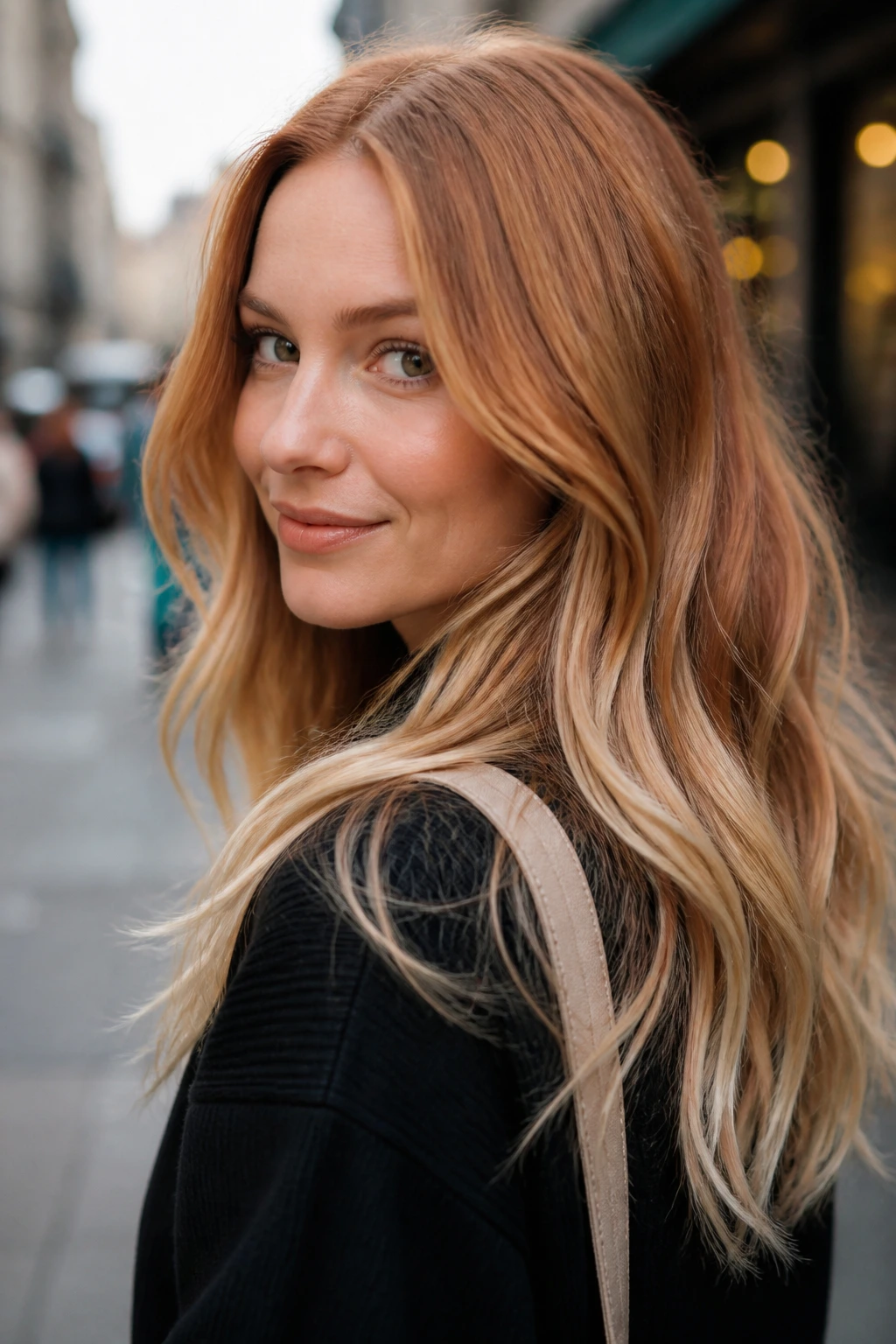 Portrait of a real woman with strawberry blonde hair and champagne ends.